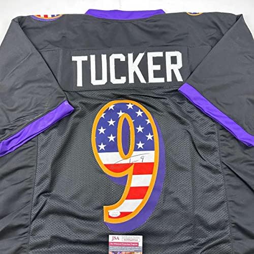 Justin Tucker Autografado/assinado Baltimore Black USA American Flag Football Jersey JSA COA