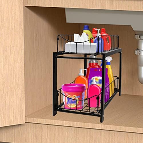 Sob armazenamento da pia, organizador de 2 níveis de gabinete com gaveta deslizante, fácil de montar cesta de malha de armazenamento, organização para banheiro, cozinha, casa
