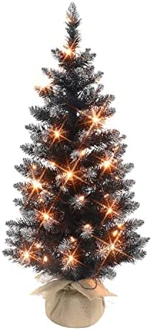 Tree preta pré-iluminada de 3 pés, 97 dicas, 50 UL Luzes incandescentes claras, base de estopa