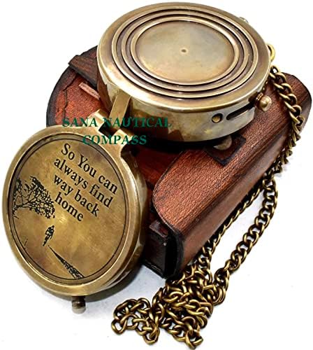 Bússola de bússola náutica genérica com bússola de medalhão com bússola de latão gravada na cadeia de bolsa antiga