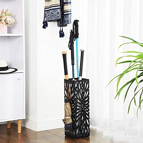 Carn Umbrella Stand Rack, suporte de guarda -chuva de metal quadrado independente com 4 ganchos e bandeja de gotejamento removível