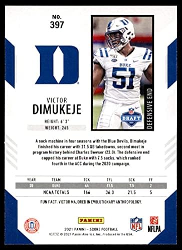 2021 Pontuação 397 Victor Dimukeje RC Rookie Duke Blue Devils NFL Football Trading Card