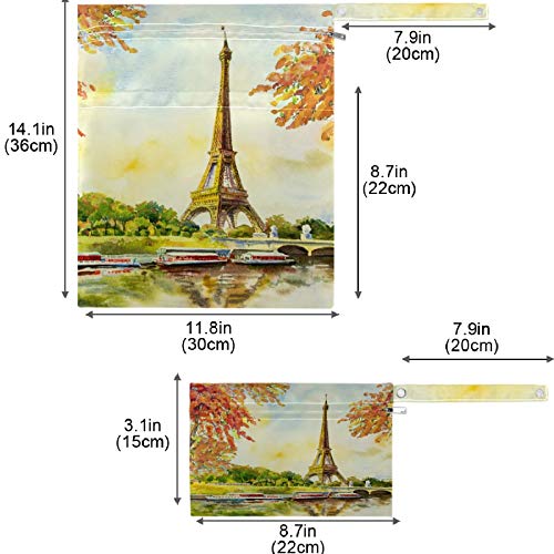 VISESUNNY PINTURA ALENTE ÓLEO EIFFEL TOWER Maple 2pcs Saco úmido com bolsos com zíper lavandenável espaço reutilizável