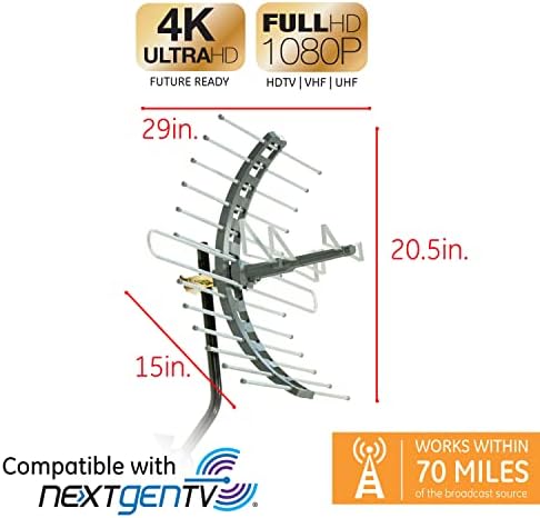 Antena de TV digital da GE Outdoor HD, antena de TV inteligente de longo alcance, suporta 4K 1080P HD Smart TV VHF UHF,