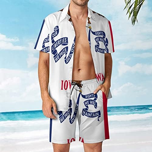 Iowa State Flag Men 2 Peças Hawaiian Set Button-Down Sleeve Shirts Calça Beach