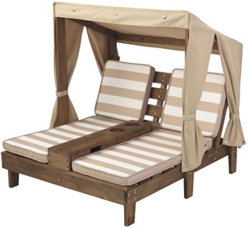 Kidkraft Wooden Outdoor Double Chaise Lounge e Mesa de madeira e bancada ao ar livre com almofadas e guarda-chuva, mobília