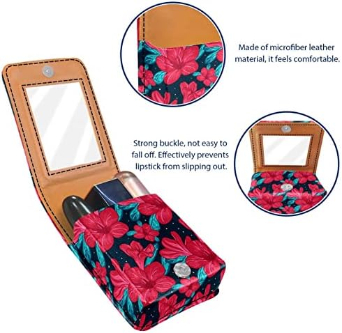 Caixa de batom de couro floral floral vermelho tropical, saco de batom com espelho para mulheres ， Mini maquiagem de