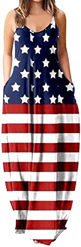 4 de julho Vestido maxi para mulheres Casual Summer Boho Dress American Flag Cami Scoop Scoop Sundresses Patrióticos