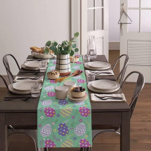 Artes Print Spring Table Runner Páscoa Ovos coloridos coloridos Capas de mesa de fundo verde floral Toclagem de mesa lavável para