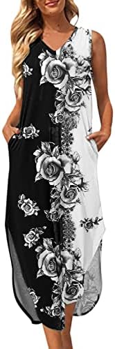 Mulheres sem mangas v pescoço dividido bainha verão casual vestido de tanque de tanque floral vestidos longos soltos com bolso