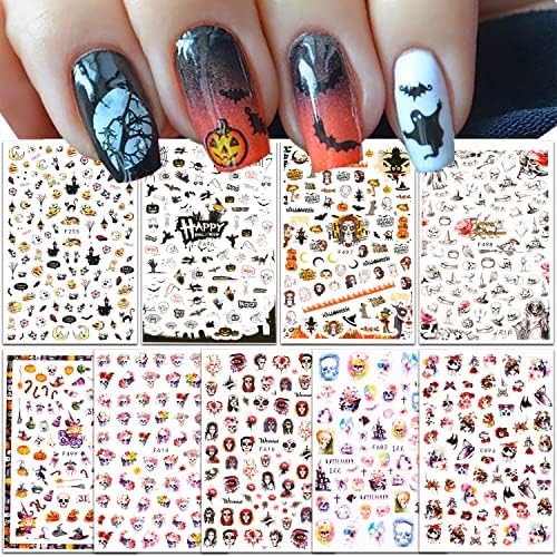 9 lençóis de halloween unhas adesivas de caveira adesivos de unhas 3d auto-adesivo abóbora morcent spider spider hat hat