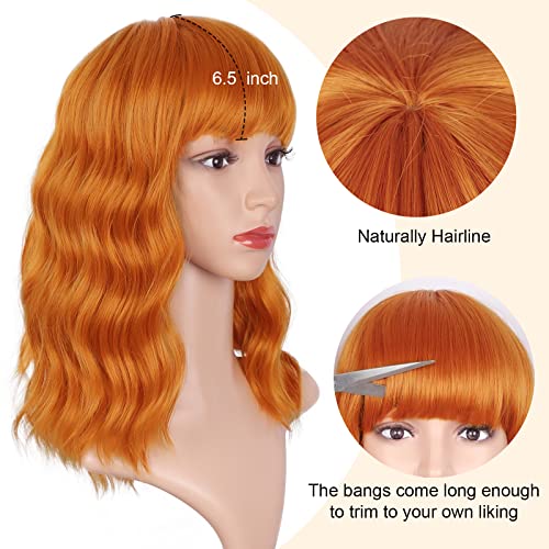 Peruca de laranja vigorosa para mulheres perucas sintéticas com franja de ar curto ondulado O comprimento do ombro da peruca