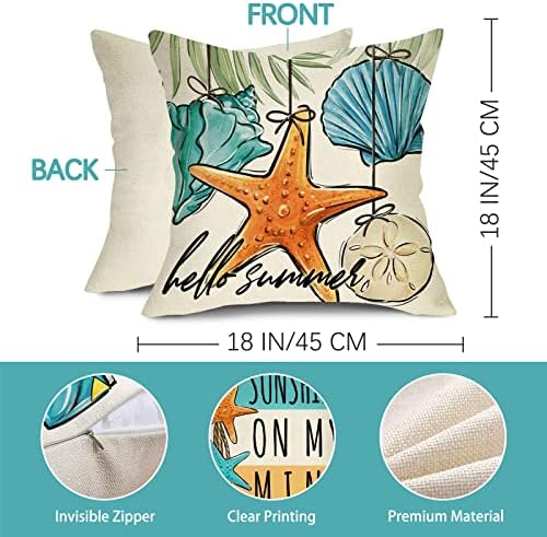 FJFZ Hello Summer Beach Praia Costeira Decorativa Tampa de travesseiro 18 x 18 Conjunto de 4, Sunshine Shops Starfish Conch