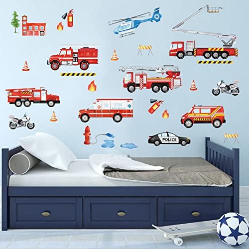 Maravilhas de caminhões de bombeiros adesivos de parede Transporte de veículos de bombeiro e adesivos de arte de parede para