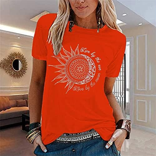 Top Women Loose Women Casual Casual Camisa Sun Lua Impressão Camisa de pescoço redonda do pescoço solto Splice T Womens Medium