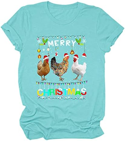 Camisetas de tee de manga curta de Natal feminina, tampas de frango feliz de Natal, camiseta de pullinat de haplover