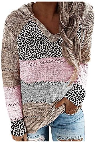 Cluão de malha feminina Sweater Leopard Patchworks de decote em V Leas de suéter de suéter com capuz Tops suéter de