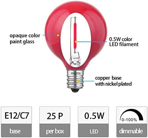 NIOSTA 25PACK OPAQUE AZUL G40 SUBSTITUIÇÃO BULBA DE SUBSTITUIÇÃO, FILamento de LED de 0,5W e base E12 Candelabra, lâmpada