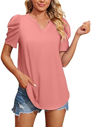 Mock Neck Women Women's Tops mangas sopradas Puff V Camiseta de pescoço de verão Summer Short Casual Cor Solid Color formal Túnica