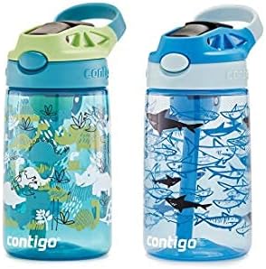 Garrafa de água infantil com palha autospout, 14 oz, dinos e tubarões, 2 pacote