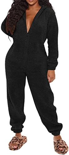 Pijama de tamanho grande para mulheres de lã artificial de manga longa PJS zíper sólido Rompe solado com capuz