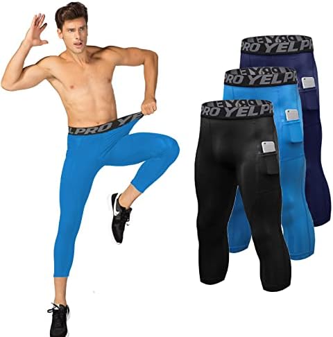 Abtioyllz 3 Pacote 3/4 calças de compressão Athletic perneiras correndo Capri Tights Pocket Pocket Cool Dry Basketball Baselayer