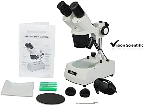 Vision Scientific VMS0002-RC-12 Microscópio estéreo binocular, ocular de 10x de campo largo, objetivos de 1x e 2x, ampliação