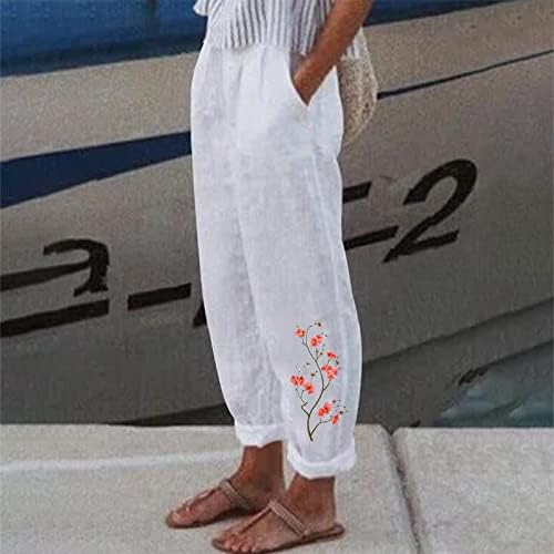 Calças de linho de algodão casual de verão para mulheres calças de perna reta larga com cintura alta com bolsos