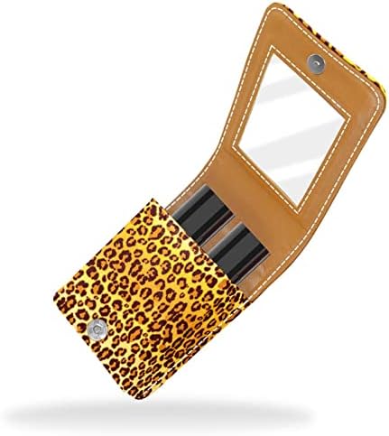 Suporte de batom de batom marrom de leopardo com espelho, bolsa de brilho labial portátil, kit de armazenamento cosmético