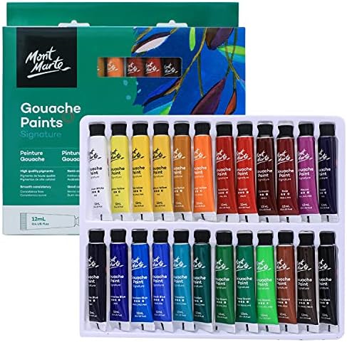 Mont Marte Signature Gouache Paint, 24 x 0,4oz, acabamento semi-matte, 24 cores, adequado para uso com tela, papel aquarela,