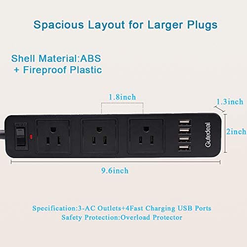 2 Prong Power Strip, Surge Protector 2 Pong com 3AC pontos de venda e 4 portas de carregamento USB, 6,6 pés de comprimento 2 a 3