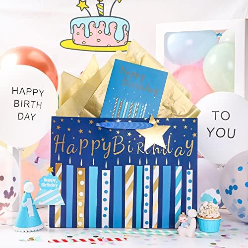 Maypluss 16 Birthday Great Smag com cartão de felicitações e papel de seda para birhtday - design de vela de ouro azul