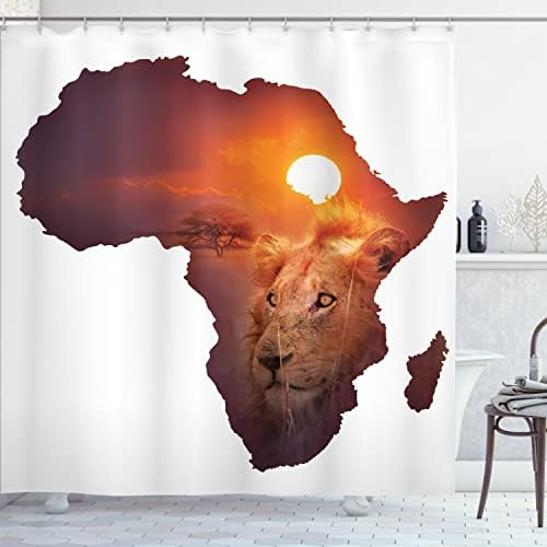 Cortina de chuveiro de safari de Ambesonne, arte africana de arte selvagem Lion Lion Continente África mapa de exposição