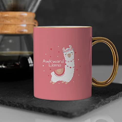 Adorável caneca de lhama rosa kawaii, aro de ouro e caneca, cerâmica, clássica, 11 oz, apenas lavagem à mão, resistente ao calor,