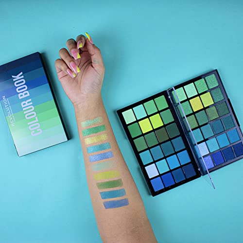 Makeup Revolution Color Book Paleta de olhos, 24 tons de brilho e 24 tons foscos, blues, tons sem crueldade, verde e