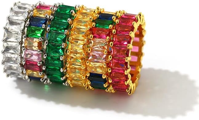 Fuqimanman2020 CUBIC ZIRCONIA EMERALD CUTO ETERNIDADE Ring colorido Eternidade Rainbow Ring Ring Multi Color Bands Gemstone Bands