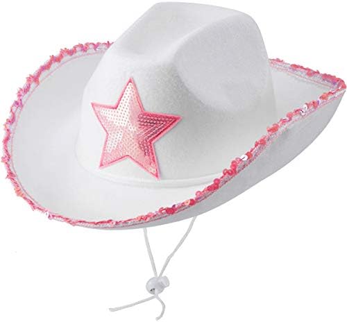 Bedwina White Cowgirl Chapéus - Chapéu de vaca de estrela rosa com acabamento em lantejoulas, barbante de traço de pescoço
