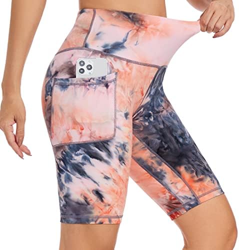 Shorts de motociclista feminino com bolsos 8 High Workout Yoga Tie Tye Dye Soft Spandex Athletic Bicycle Shorts para