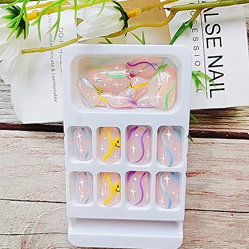 24 PCs Francês prensando em unhas linhas coloridas unhas falsas bastão oval na cola curta da unha nas unhas acrílico