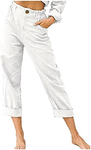 Calça de linho de algodão feminino zdfer de zdfer calça de carga elástica de botão elástica de coloração sólida calça reta