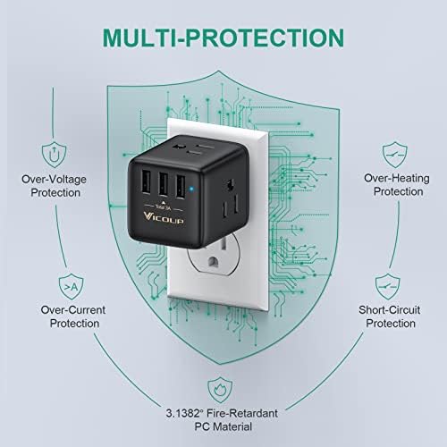 Extensor de saída multi-plug, plugue de parede do Vicoup com 3 tomadas elétricas e 3 portas USB carregador de cubos