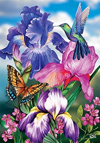 Irises Spring Garden Bandeira 12,5 x 18 floral beija -flor Briarwood Lane