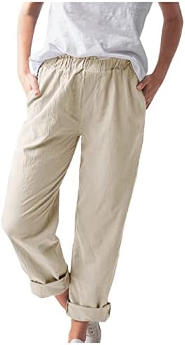 Pocket Solid Soltless Women Troushers calça roupas de linho casual calça de algodão marinho calças de linho