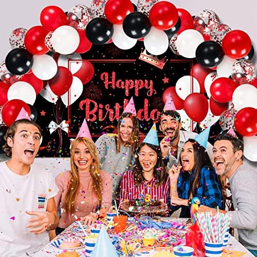 81 peças Decorações de festas de aniversário vermelha e preta Banner de feliz aniversário vermelho e 80 peças 12