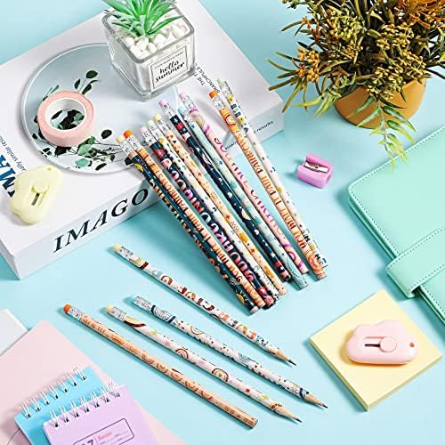 FUNRous 100 peças Boho Rainbow Lápis inspirados a granel Lápis motivacionais com ditados para os alunos Afirmação de lápis com