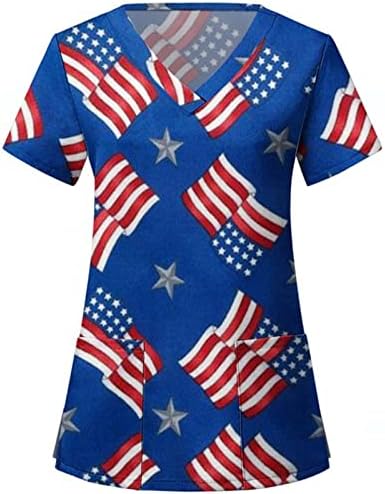 4 de julho Camiseta para mulheres American Flag Summer Summer Manga curta Camiseta V com 2 bolsos Bloups Holiday Casual