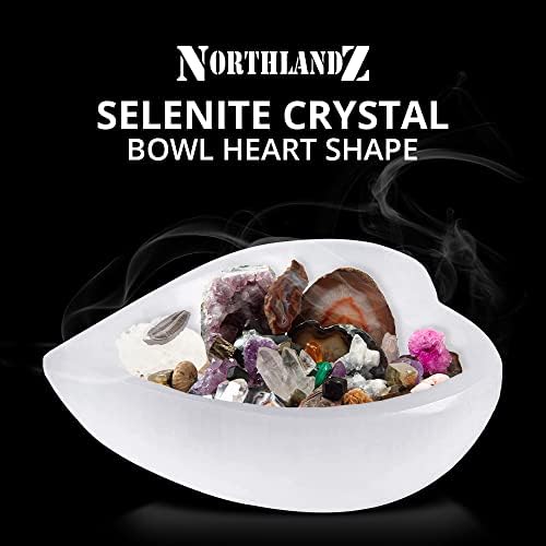 Northlandz Selenite Crystal Heart Bowl 10cm, cristais tigela manchando para cura de reiki, alívio da ansiedade e meditação. Ideal para presentes e decoração para casa - Branco