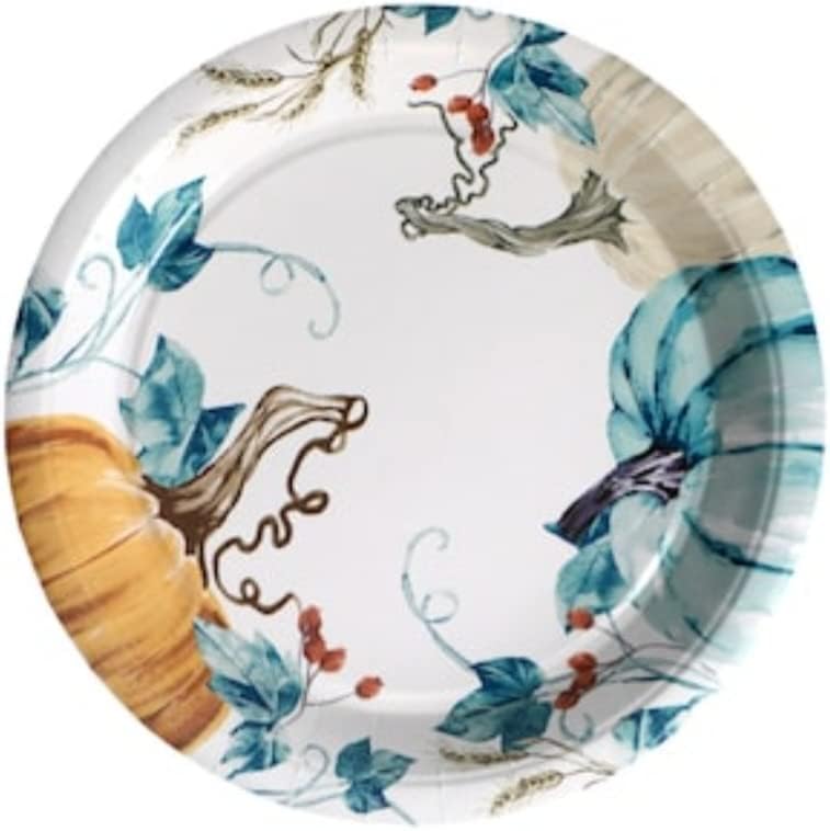 Greenbrier International Pumpkin Harvest Paper Placas e guardanapos, branco, laranja, azul, impresso, 9 em pratos