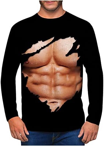 Camisa casual da moda para homens 3D Impressão muscular digital redonda pescoço de manga comprida blusa de pulleria de streetwear