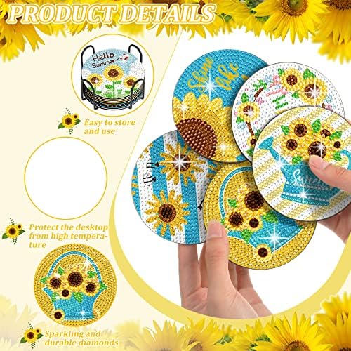 8 PCs Gunflower Diamond Art Coasters Summer Diamond Painting Coasters com suporte para iniciantes Gnome Diamond Kit Hello Hello